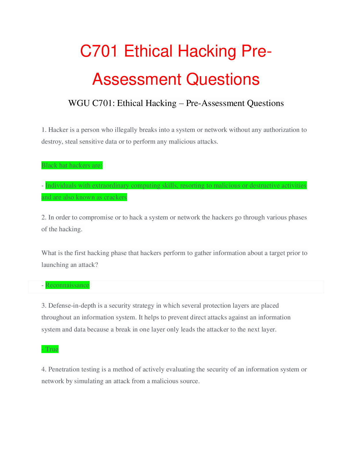 C701 Ethical Hacking Pre-Assessment Questions And Answers